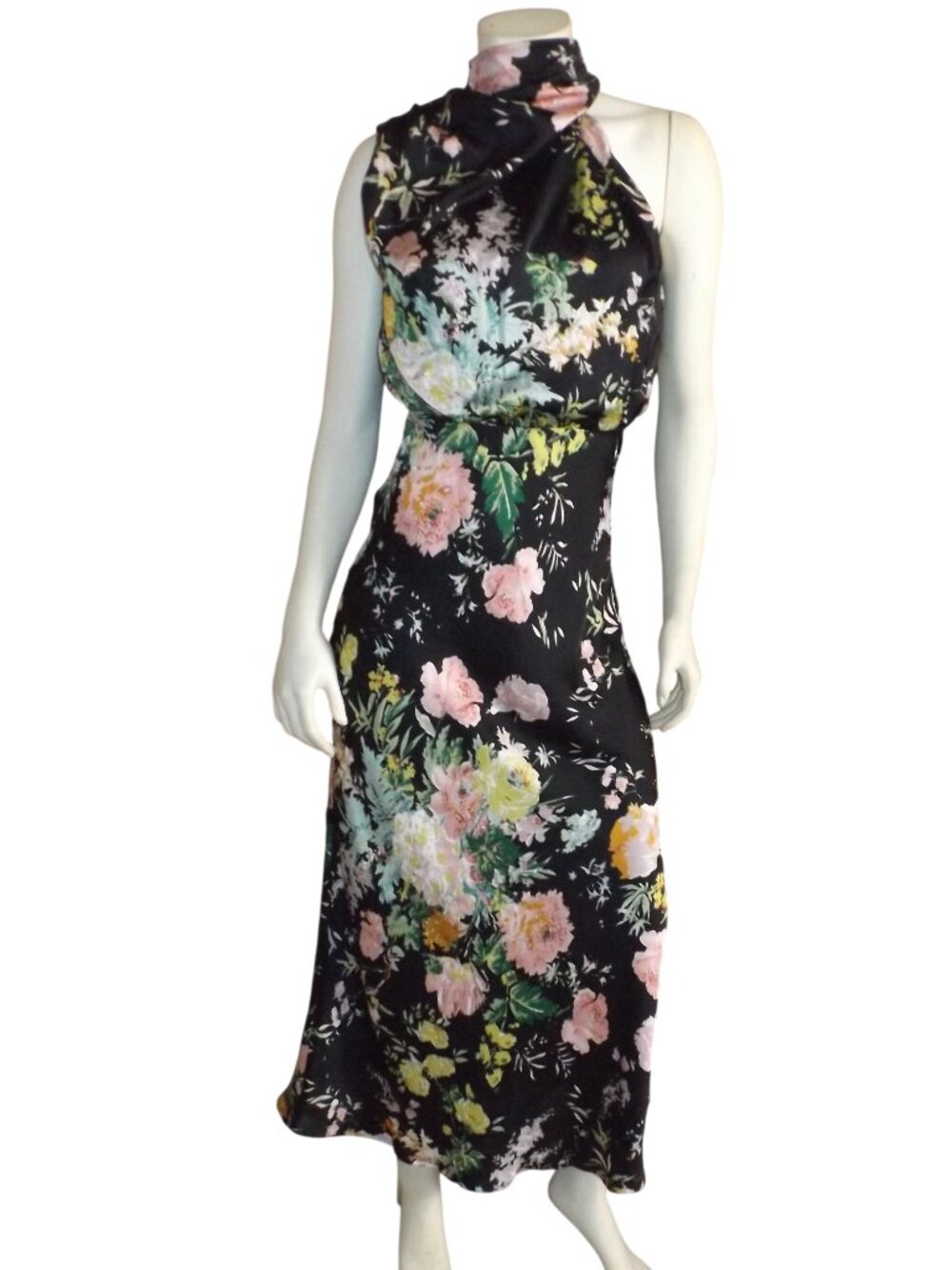 PETAL & PUP Dress, S, Black/Multicolor Floral, Asym Top, Long, Midi-maxi